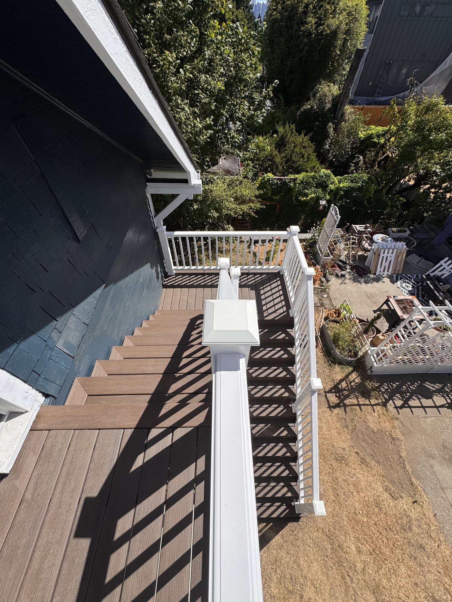Elevated deck and staircase build, aerial view